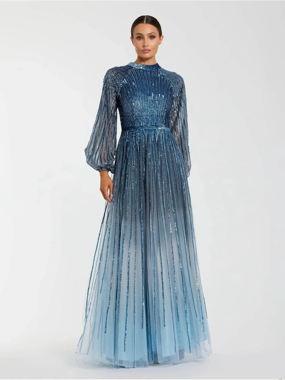 Mac Duggal 6206 Blue Ombré Sequin Long Sleeve A-Line Evening Dress Size 12 NWT - Picture 1 of 15